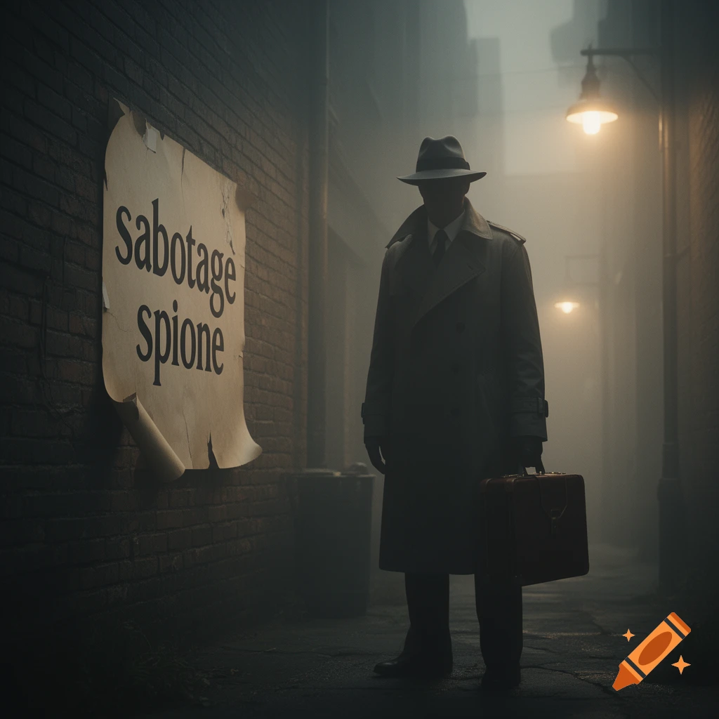 A shadowy figure in a trench coat stands in a foggy alley next to a 'sabotage spione' poster, in a noir style.