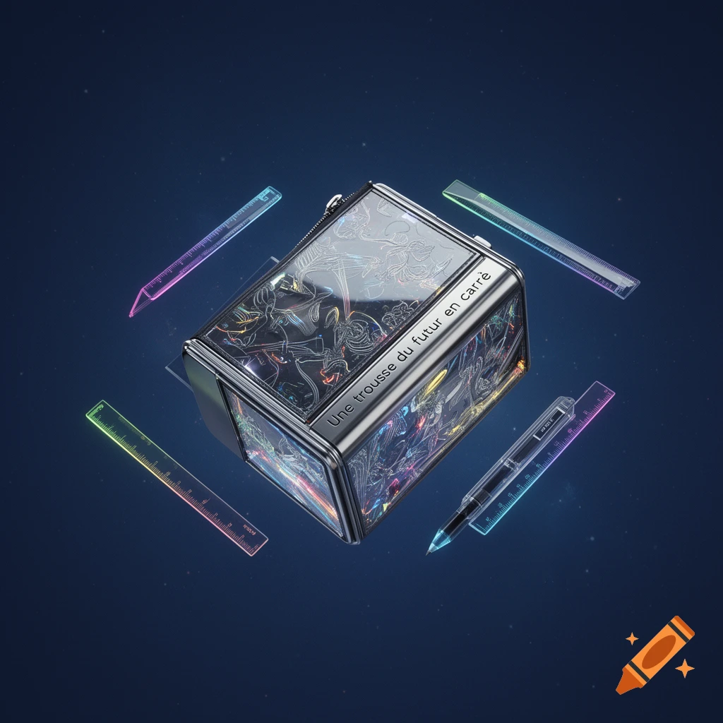 A holographic, futuristic pencil case with chrome edges, surrounded by glowing rulers and a pen, floating in a dark blue space.