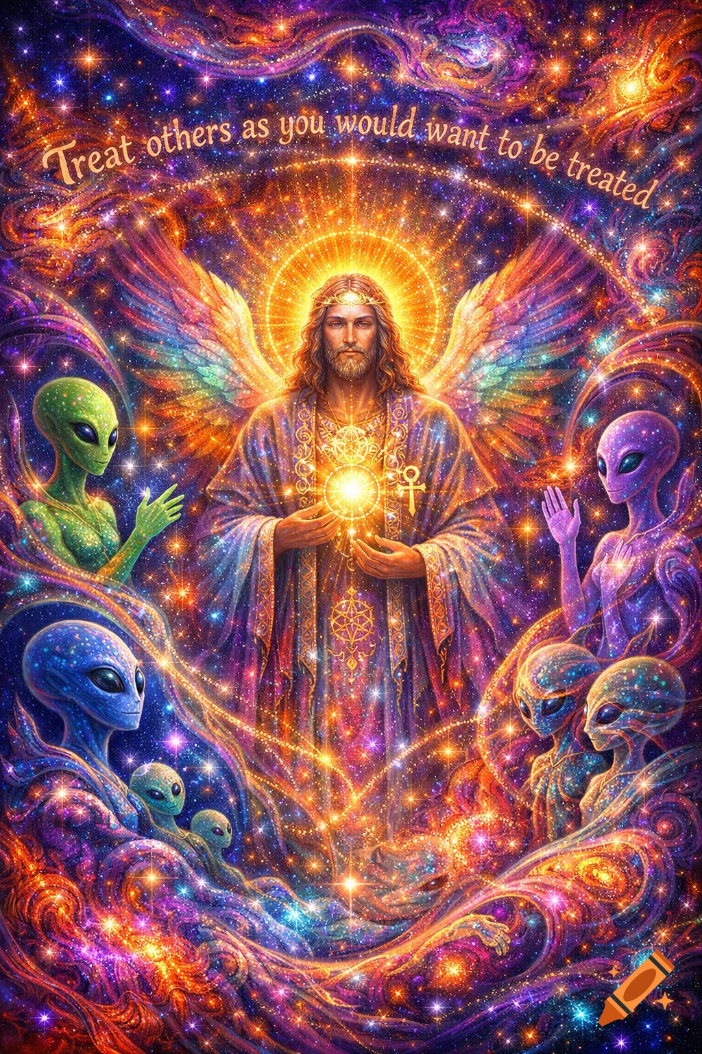 Psychedelic digital art of a winged Jesus-like figure and glowing aliens in a cosmic universe, with text 'Treat others as you would want to be treated'.