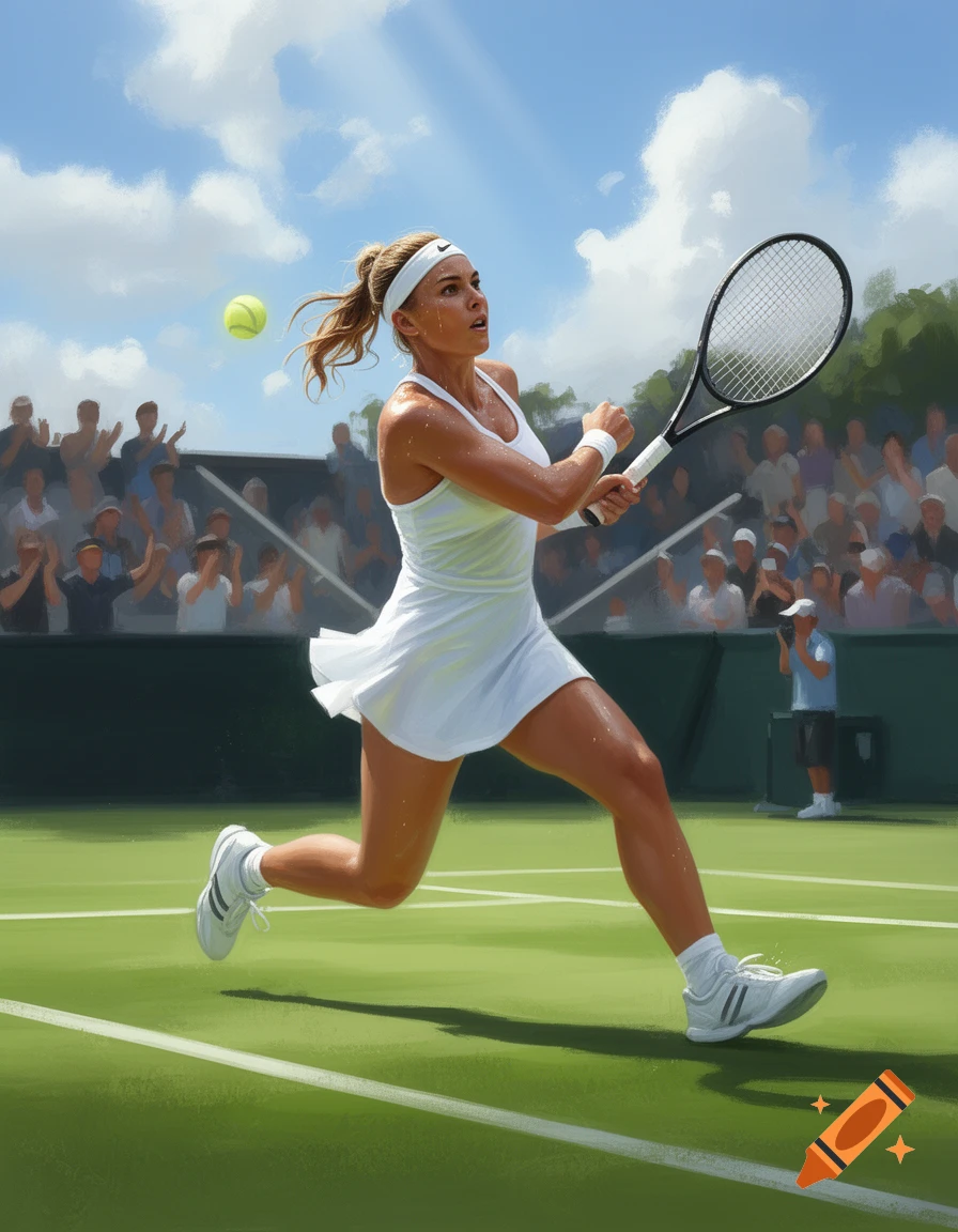 Painterly image of a female tennis player in white, running on a green court under a sunny sky, preparing to hit a yellow ball.