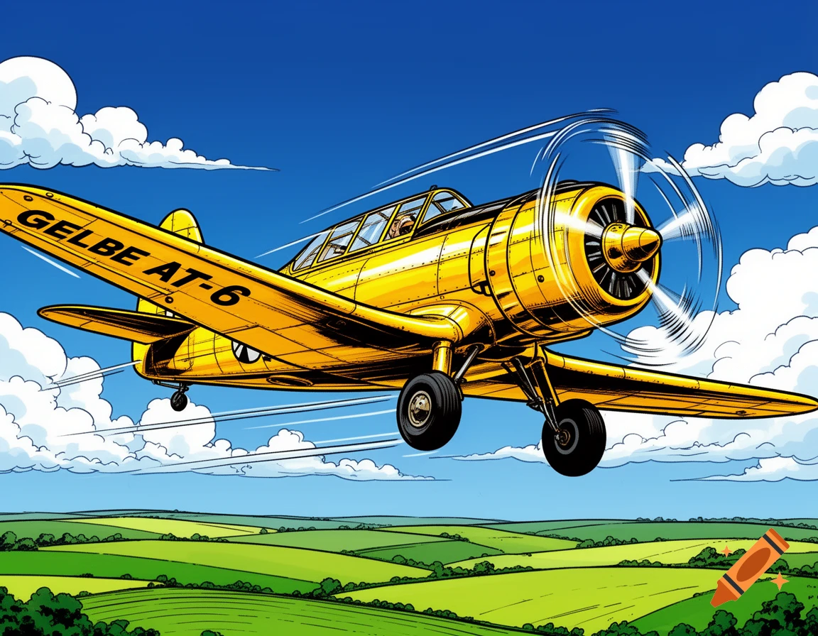 Yellow comic-style vintage airplane flying low over green fields under a blue sky.