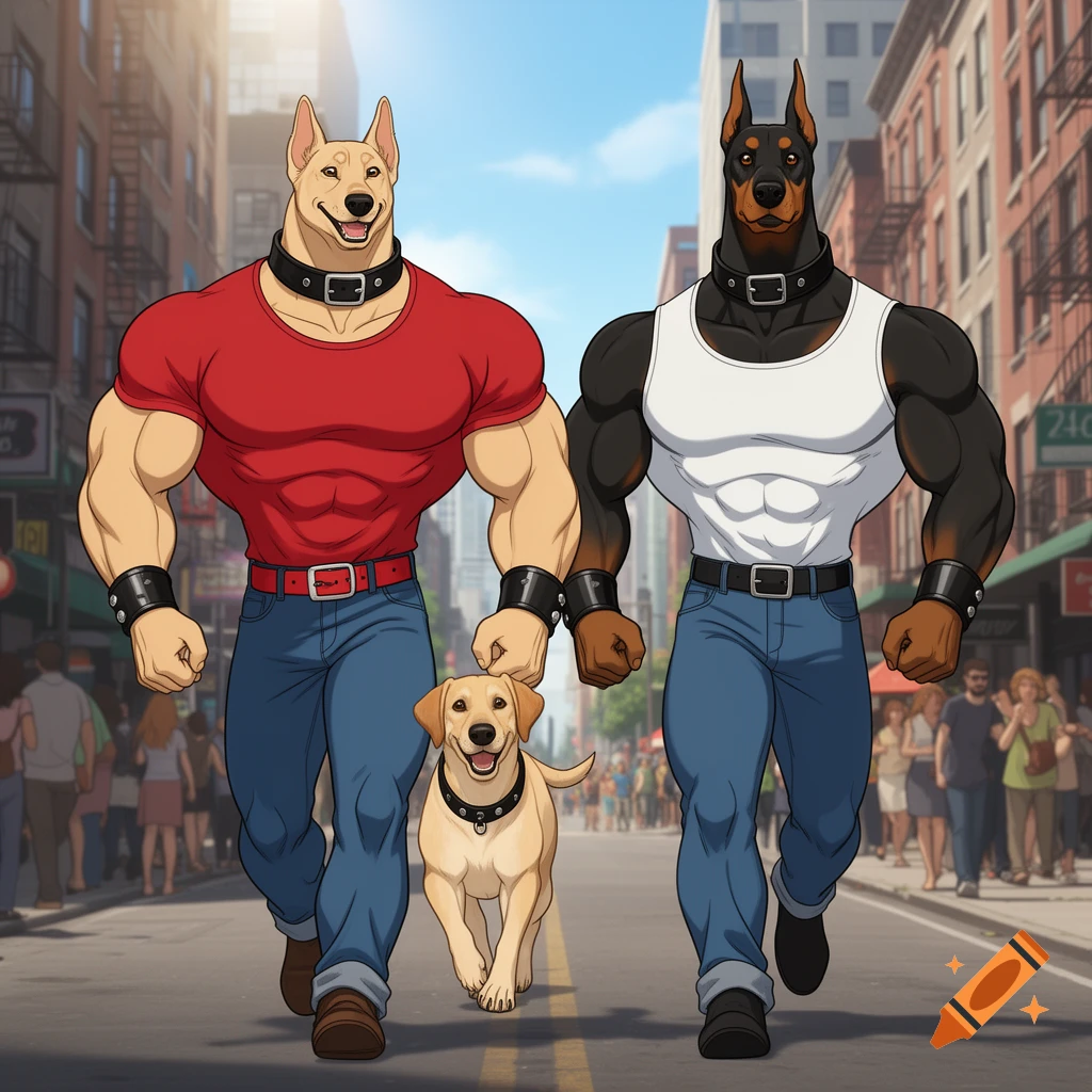 A muscular anthro Labrador and Doberman walk confidently with a small Labrador puppy on a sunny city street, in a cartoon style.