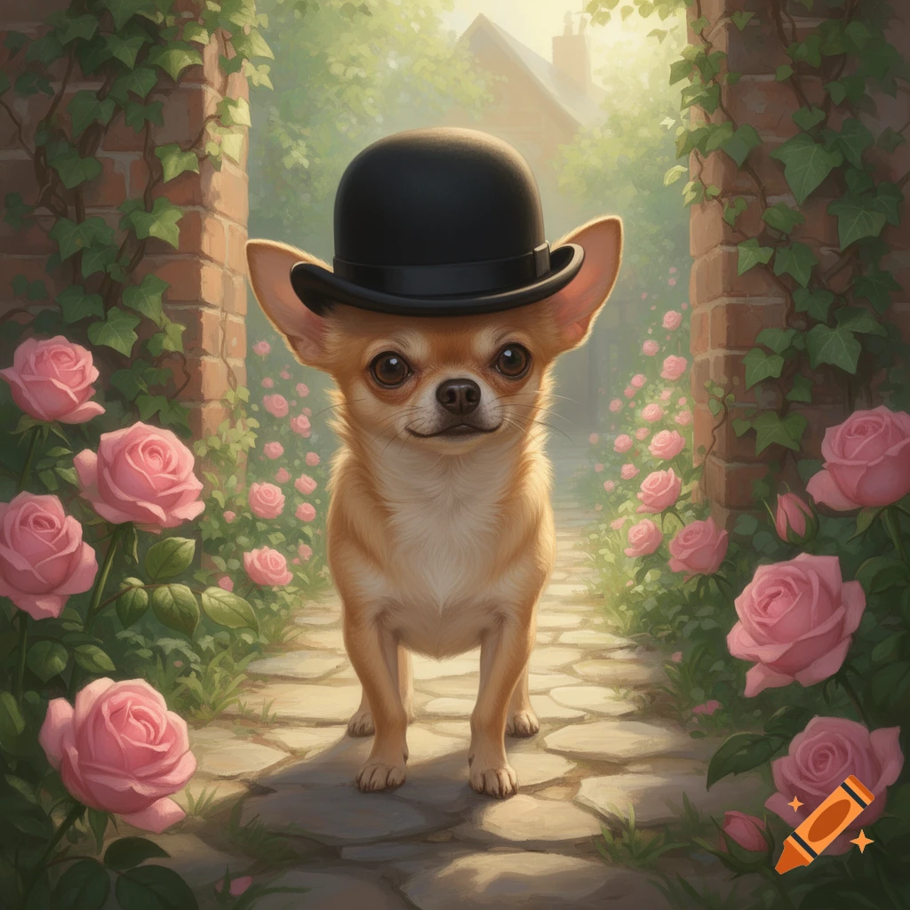 A cute light brown chihuahua wearing a black bowler hat stands on a stone path, surrounded by pink roses in a whimsical garden.