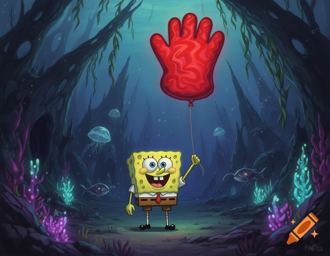 Spongebob Squarepants holds a red glove balloon in a dark, eerie underwater landscape with glowing plants and jellyfish.