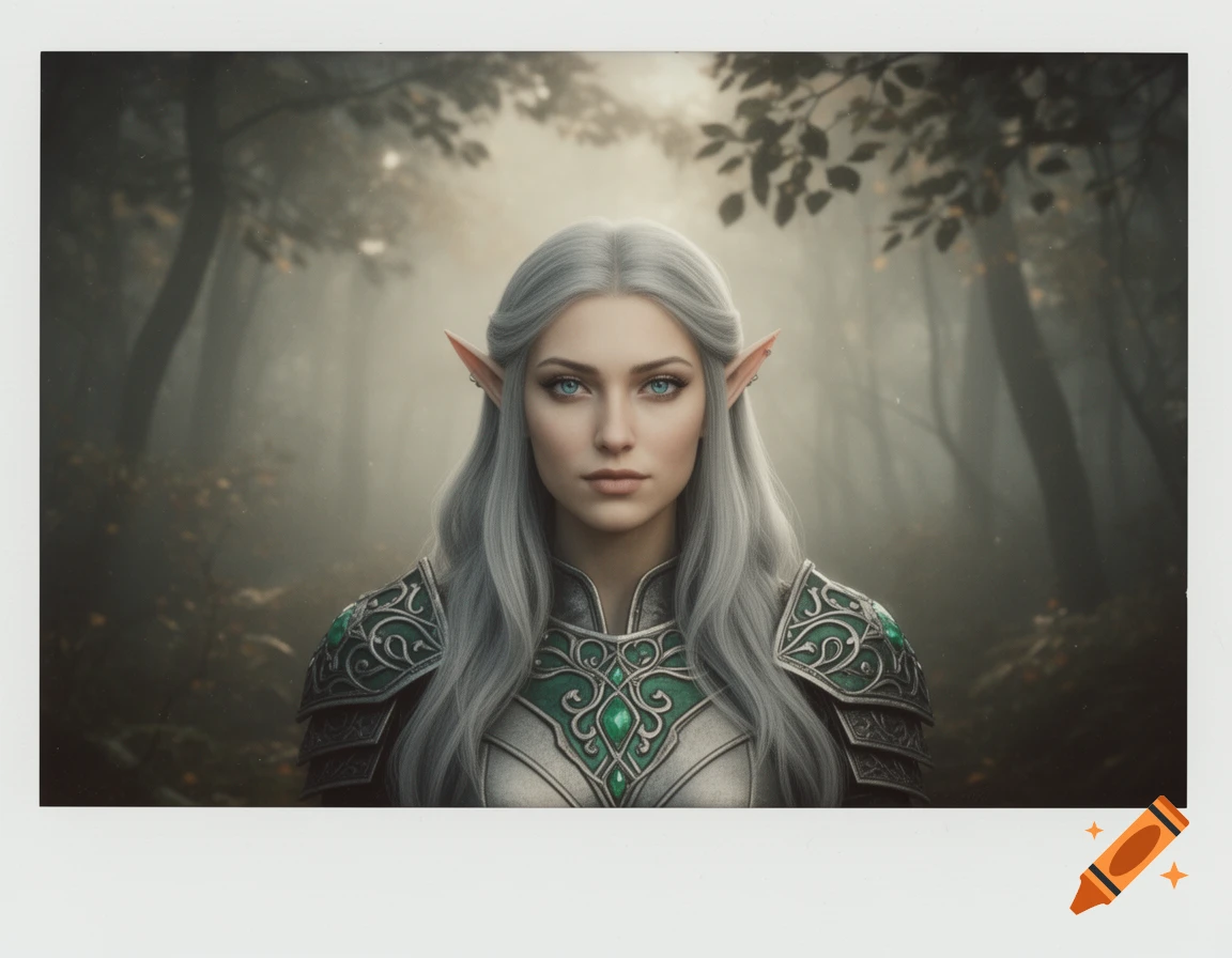 Photorealistic portrait of a silver-haired female elf with pointed ears and blue eyes, wearing green and silver armor in a misty forest.