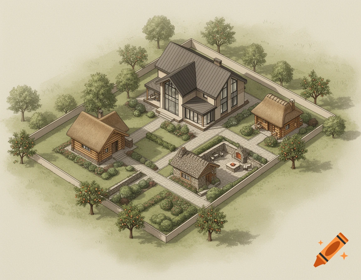 Detailed isometric illustration of a residential property layout featuring a main house, two smaller outbuildings, gardens, and paved pathways.
