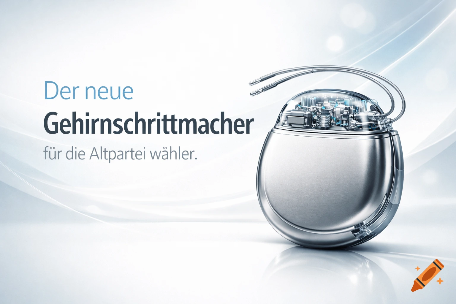Photorealistic image of a brain pacemaker implant with transparent casing and internal components, alongside German text on a clean, bright background.