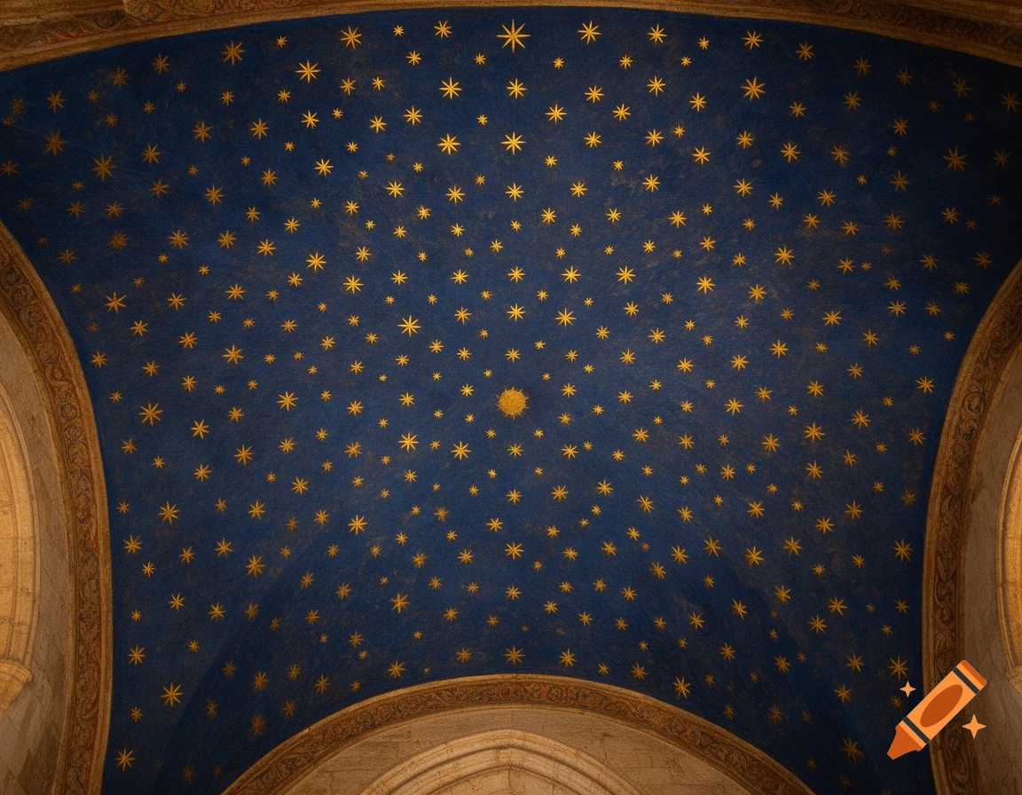 A medieval blue vaulted ceiling is covered in hundreds of tiny gold eight-point stars, with ornate gold-trimmed arches visible at the bottom.