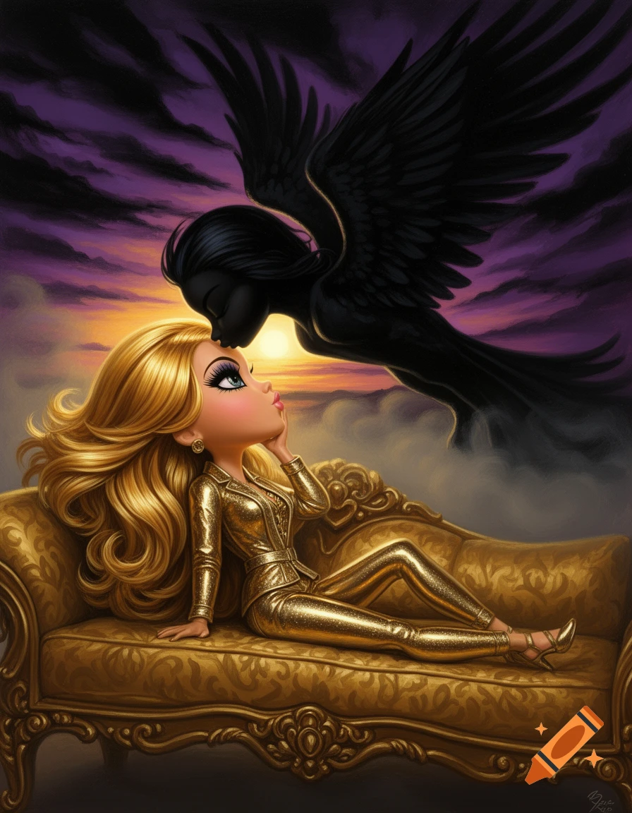A stylized illustration features a golden-haired doll on a gold sofa, receiving a kiss from a black winged angel against a purple and orange sunset.