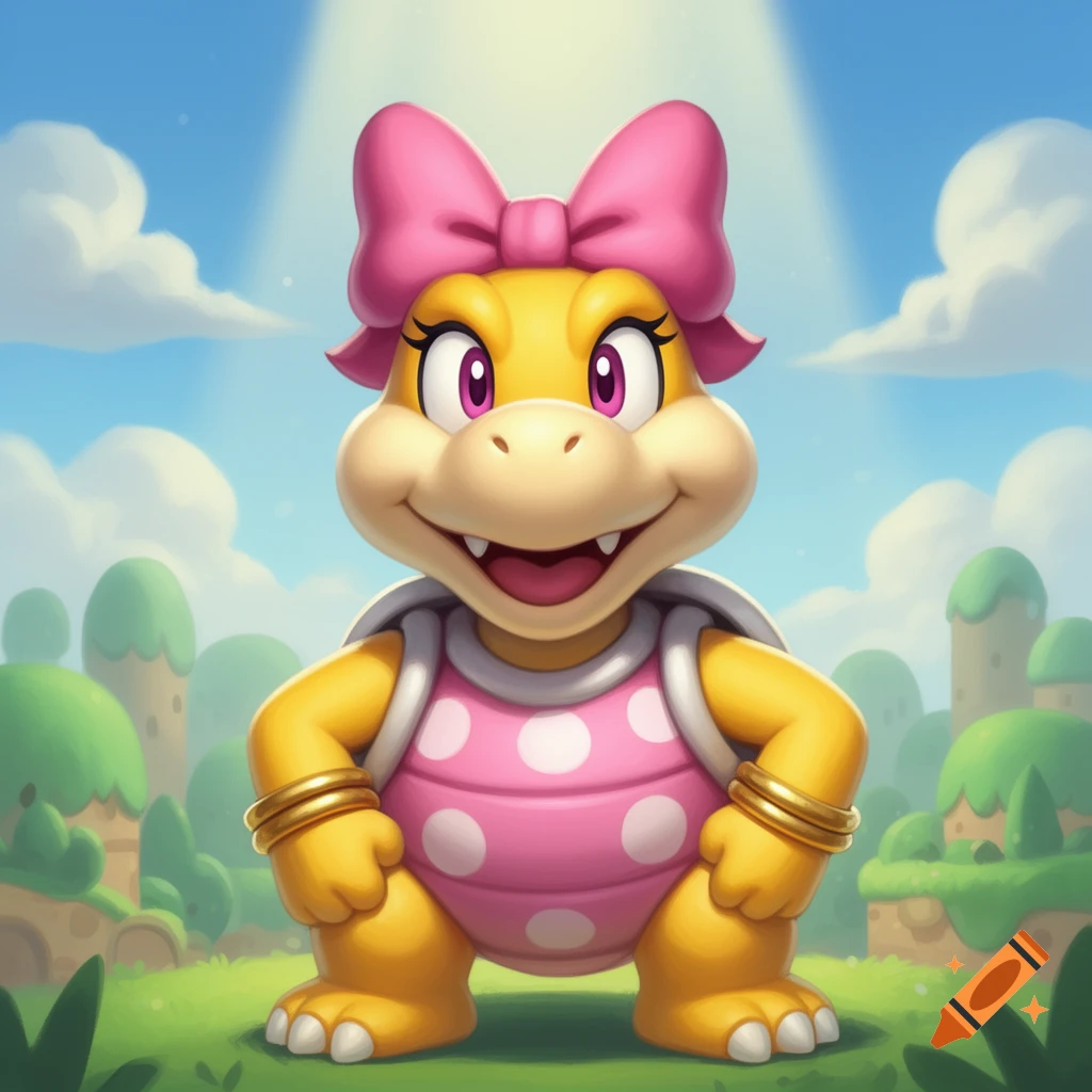 Vibrant cartoon of Wendy O. Koopa, a yellow turtle-like character with a pink polka-dotted shell, pink bow, and gold armbands, standing in a bright green landscape.