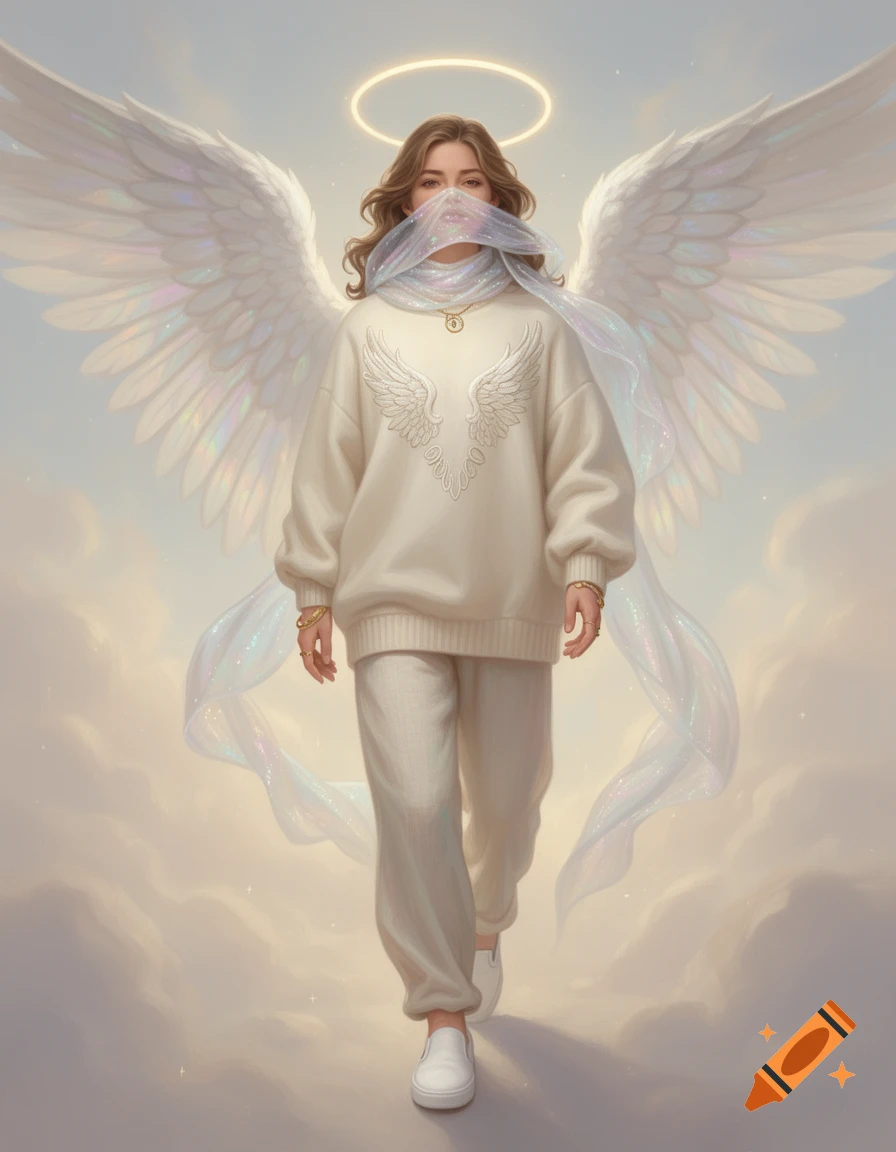 A woman in a cream oversized sweater with wing embroidery, loose pants, and white slip-on sneakers, stands on clouds with a halo and large angel wings.