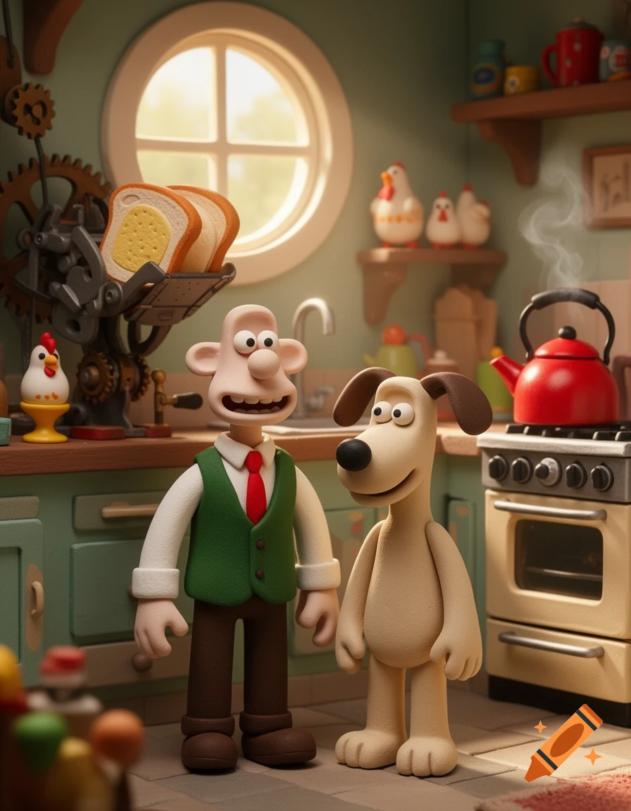 Wallace and Gromit stand in a detailed, claymation kitchen with toast in a machine, a steaming kettle, and chicken figurines.