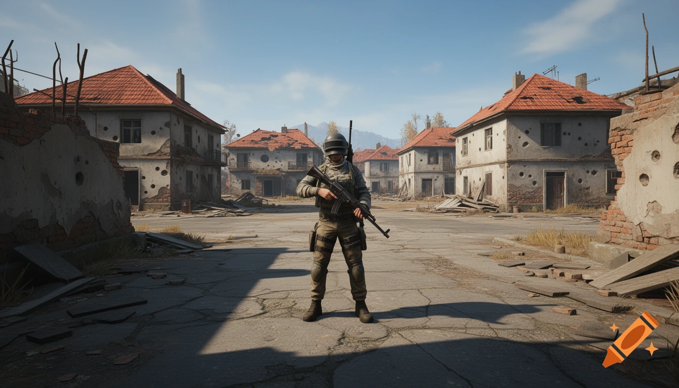 A PUBG character, a soldier in combat gear, stands with a rifle in a war-torn village with red-roofed, bullet-ridden houses under a clear sky, game style.