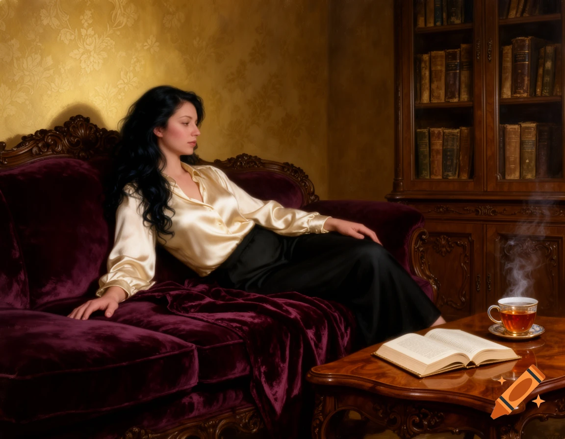 A woman with dark hair relaxes on a velvet sofa in a richly decorated room with a book and steaming cup of tea on a wooden table.
