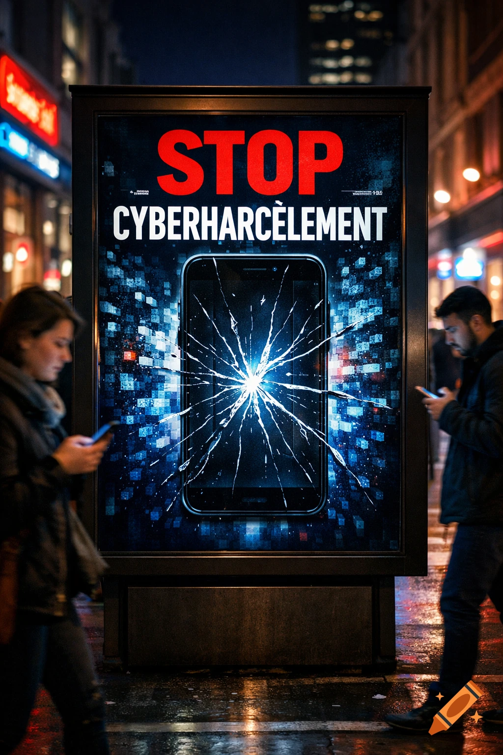 Photorealistic night city street with a billboard reading 'STOP CYBERHARCÈLEMENT' and a cracked phone screen, people walk by.