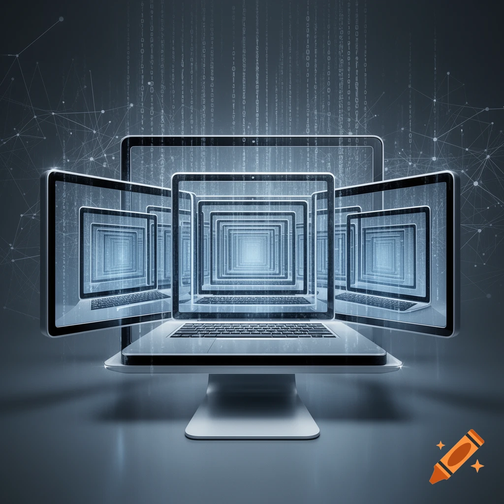 A computer monitor and laptop displaying an infinite tunnel of glowing screens, with abstract binary code in the background.