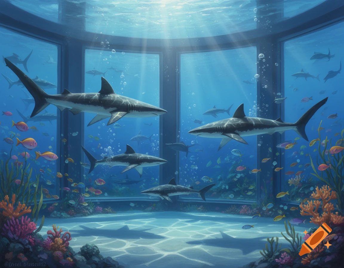 Several sharks and colorful fish swim in a large, sunlit aquarium, surrounded by coral reefs, viewed through expansive windows.