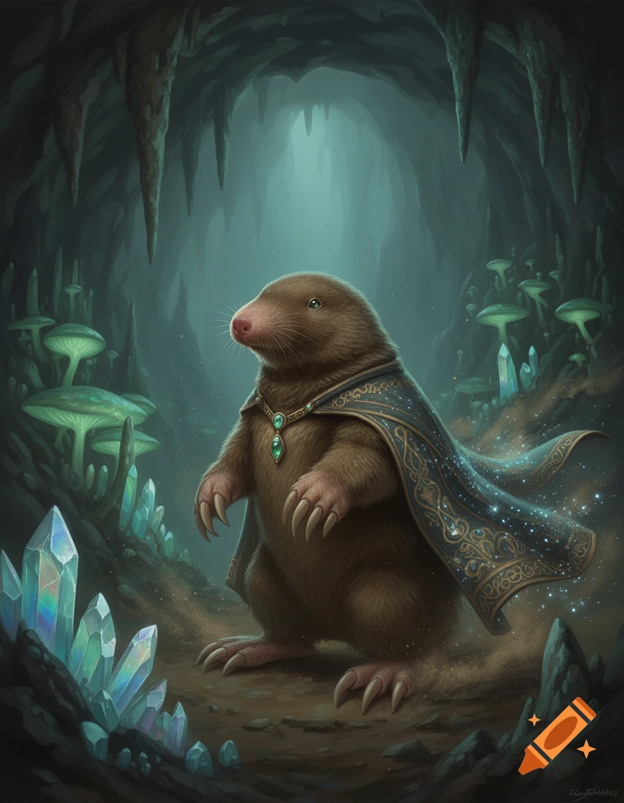 An anthropomorphic mole in a starry cape and emerald necklace stands in a dimly lit crystal cave with glowing mushrooms, digital art.