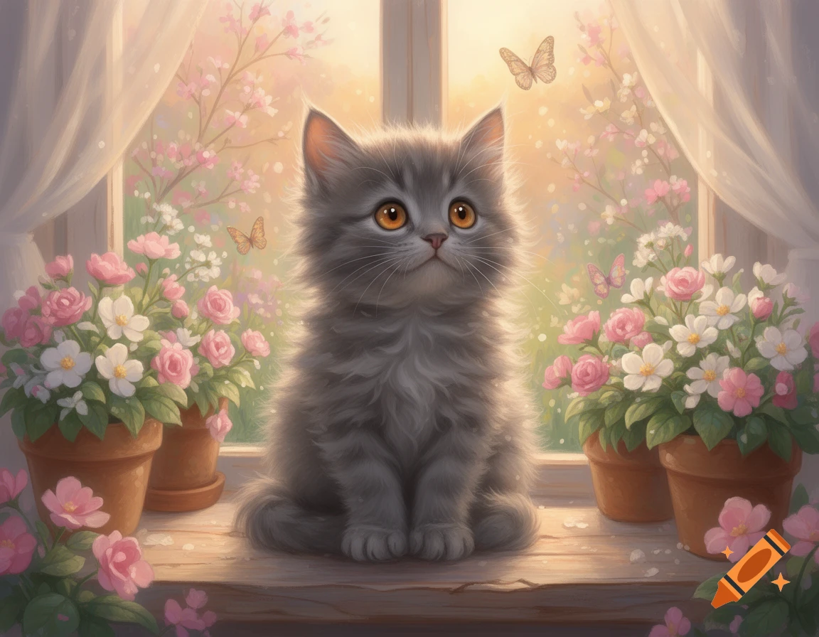 A fluffy grey kitten with big orange eyes sits on a windowsill between ...