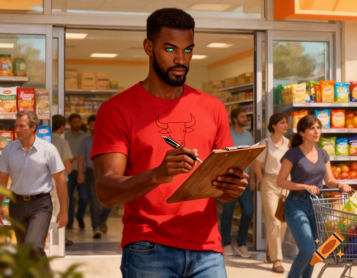 A dark-complexioned man with glowing blue-green eyes holds a clipboard and pen outside a grocery store, wearing a red bull t-shirt.