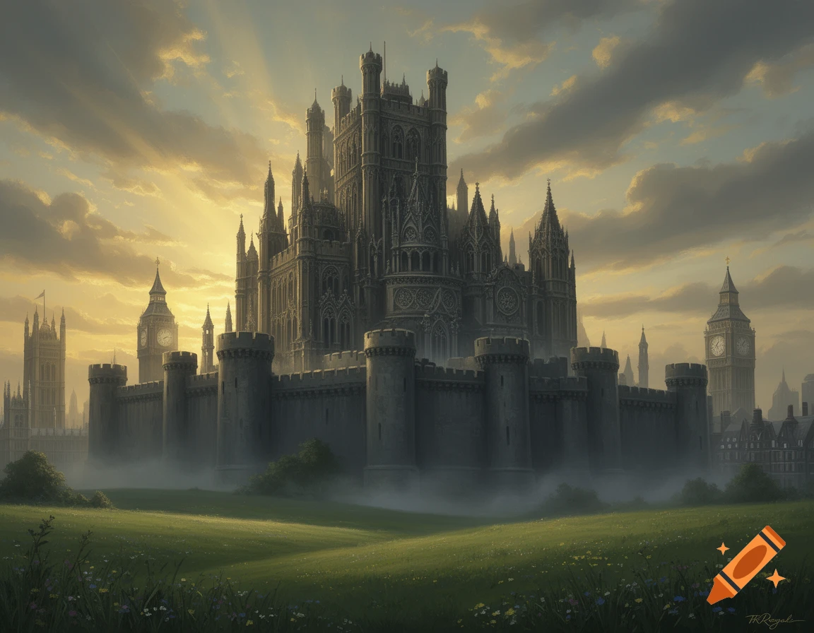 A grand, gothic castle with tall spires and battlements, surrounded by misty green fields under a dramatic sunset sky with light rays.