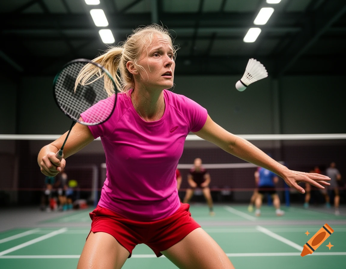 A sweaty blonde woman in a pink shirt and red shorts plays badminton on a green court, intensely focused on the shuttlecock.