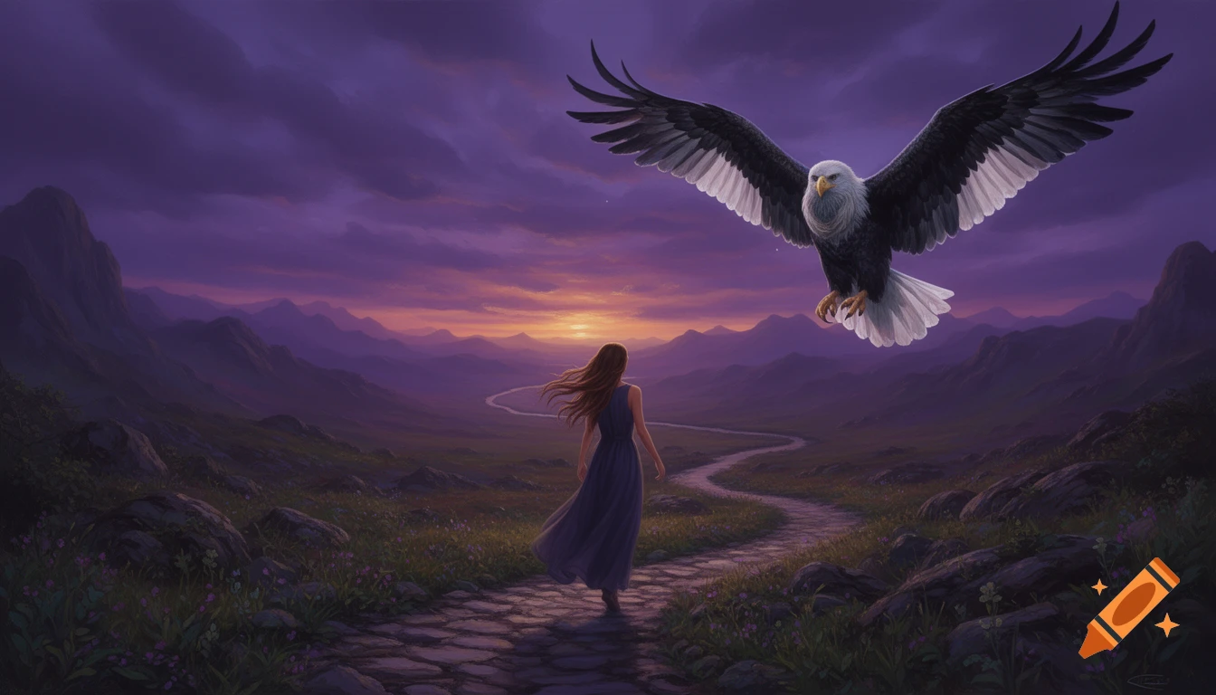 Eagle Path Less A woman walks on a winding path through a purple sunset mountain ...