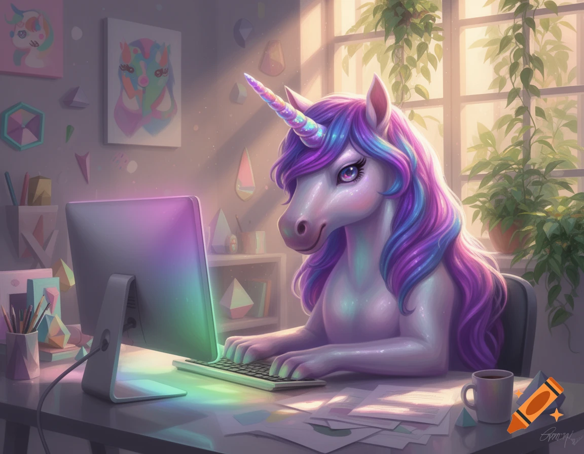 A colorful unicorn with a rainbow mane sits at a desk, typing on a computer in a sunlit room.