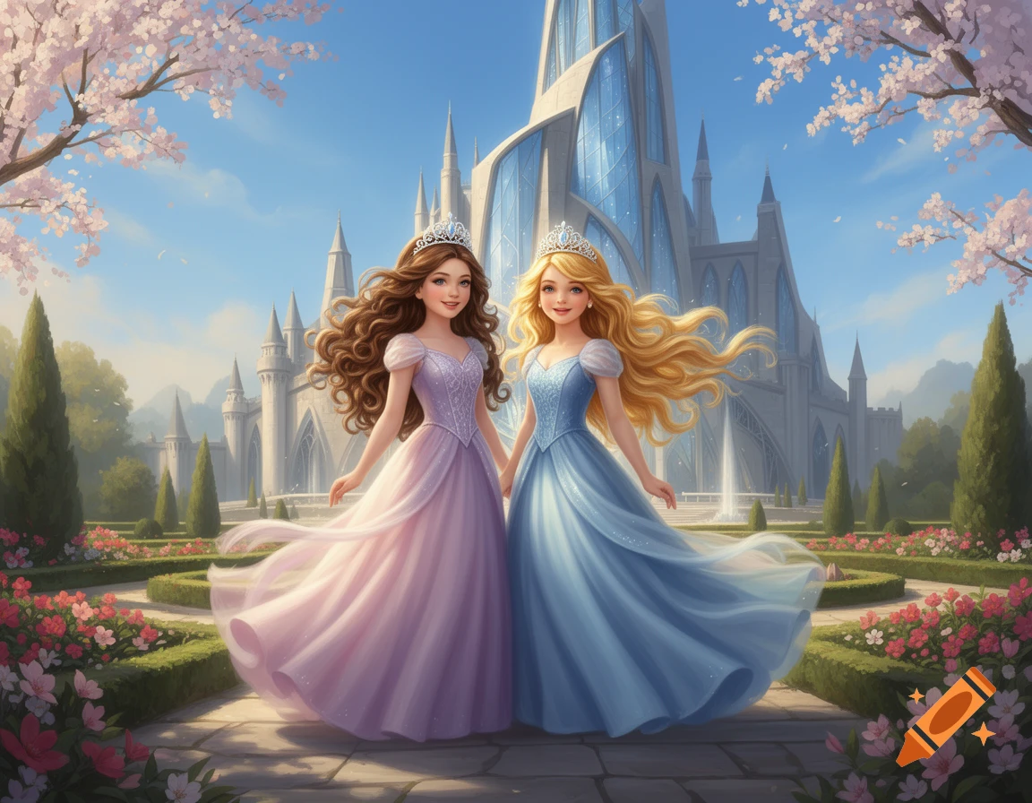 Animated princesses, one with brown hair and one blonde, stand in a cherry blossom garden in front of a modern castle.