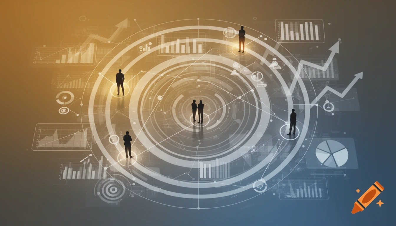 Conceptual illustration showing business data visualization with silhouettes of people, concentric circles, charts, and trend arrows on a gold and blue gradient background.