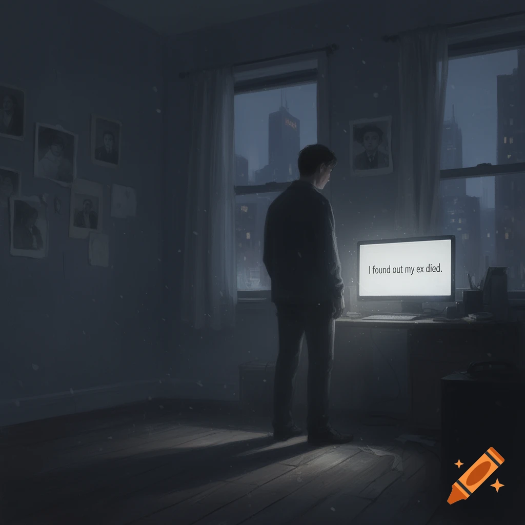 A person in a dark room looks at a computer screen showing 'I found out my ex died,' with a snowy city backdrop.