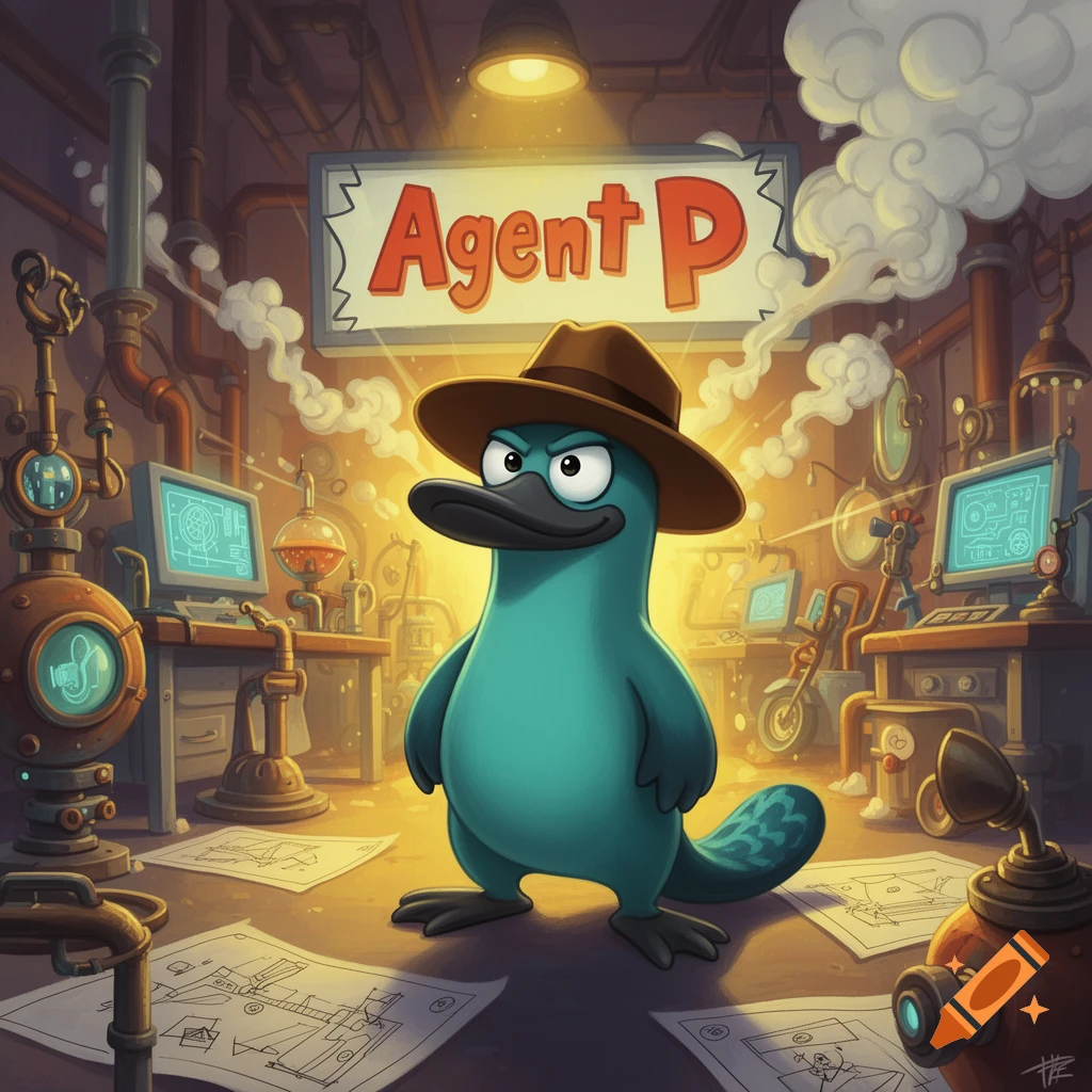 Cartoon Agent P, a teal platypus in a brown fedora, stands in a ...