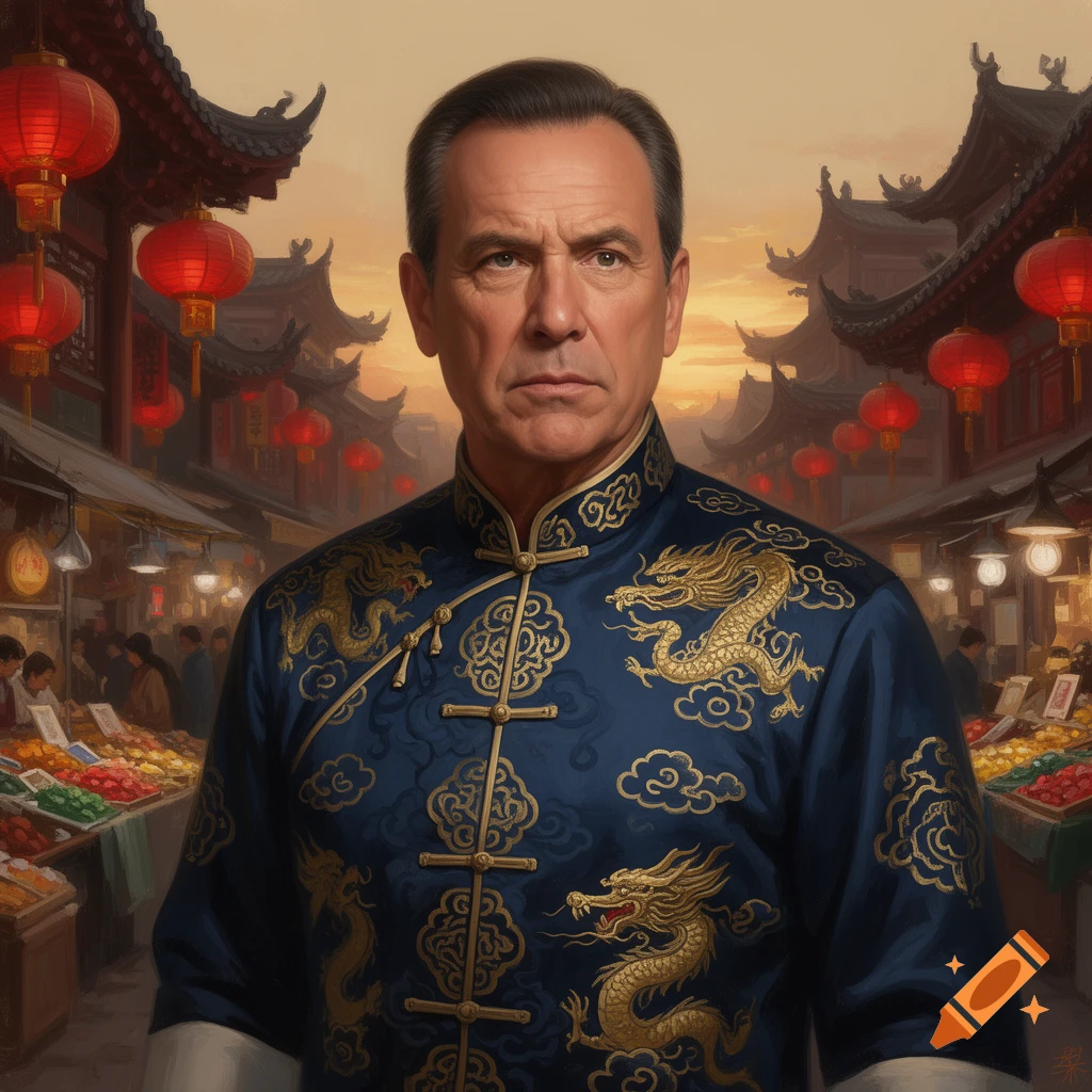 Photorealistic portrait of a man in a blue traditional Chinese tunic with gold dragons, standing in a bustling market with red lanterns at sunset.