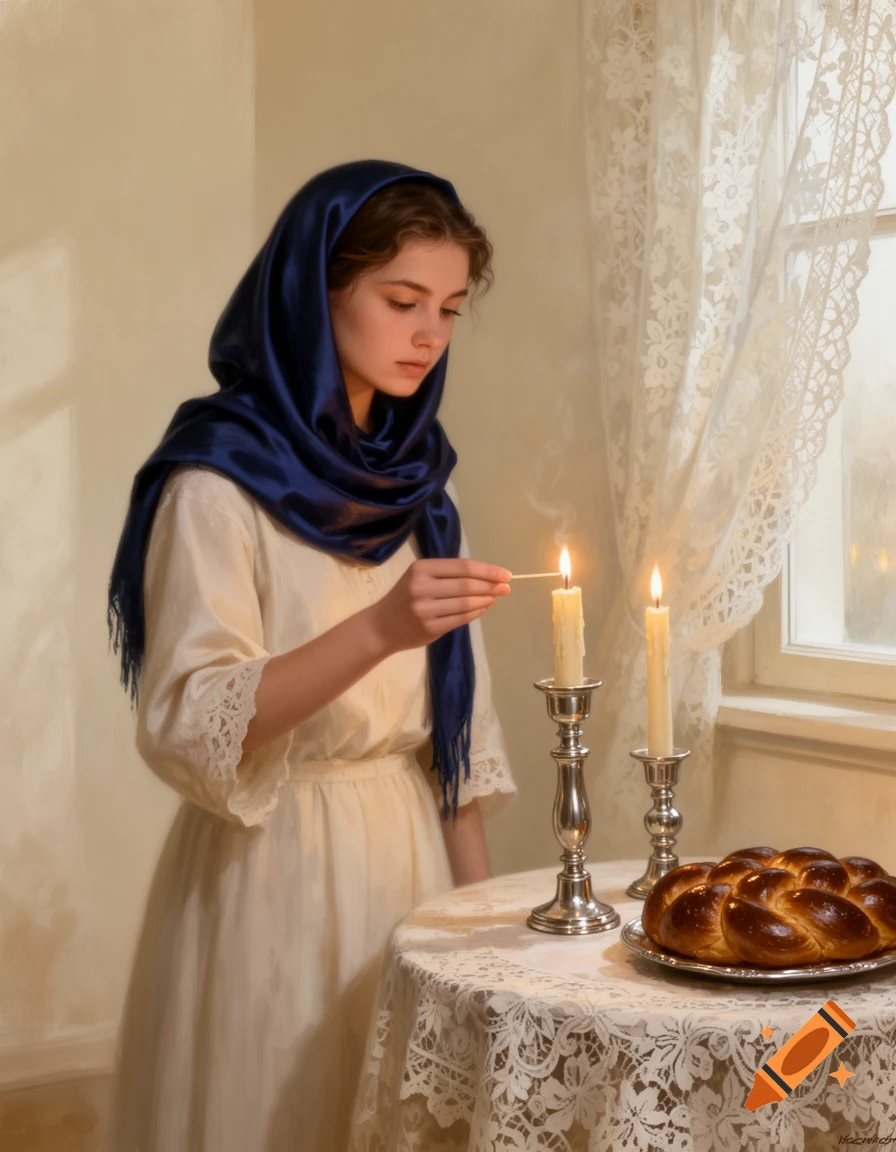 A young woman in a blue headscarf and white dress lights Shabbat candles, with challah bread on a lace-covered table by a window, in a realistic painting style.