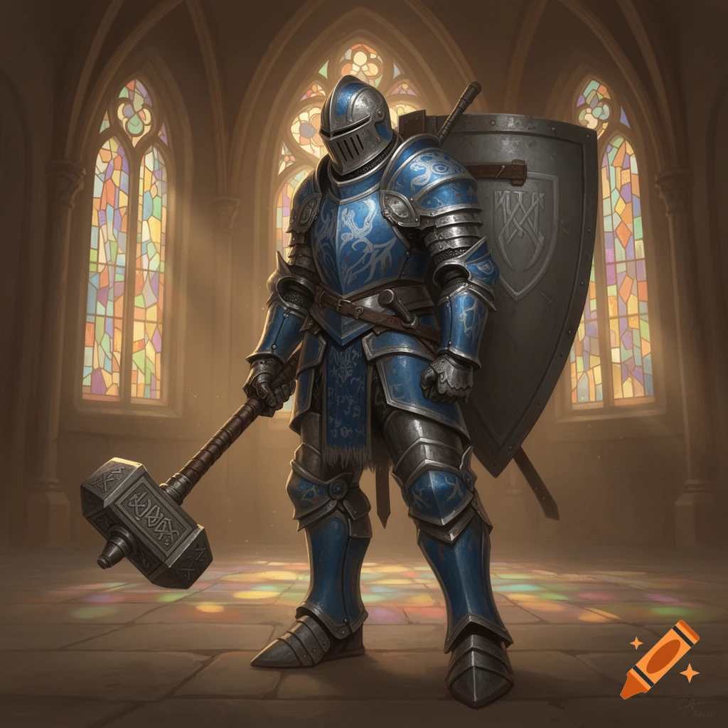 A knight in blue and silver full plate armor stands in a gothic cathedral, holding a large warhammer. A tower shield is on their back.