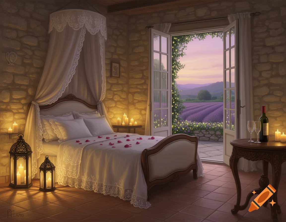 Romantic bedroom with candles, rose petals on the bed, and open french doors overlooking a lavender field at sunset, digital painting.