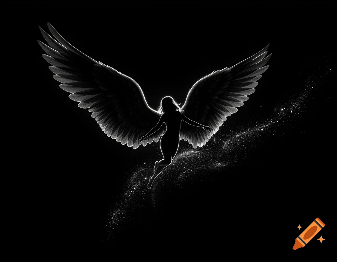 A black silhouette angel with glowing edges flying on a black background, leaving sparkling trails.