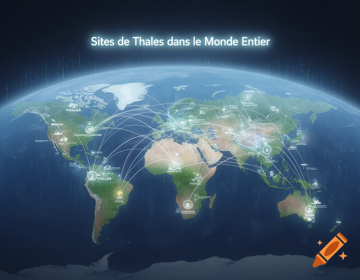 A glowing digital world map showing connections between various sites globally, with "Sites de Thales dans le Monde Entier" written at the top.