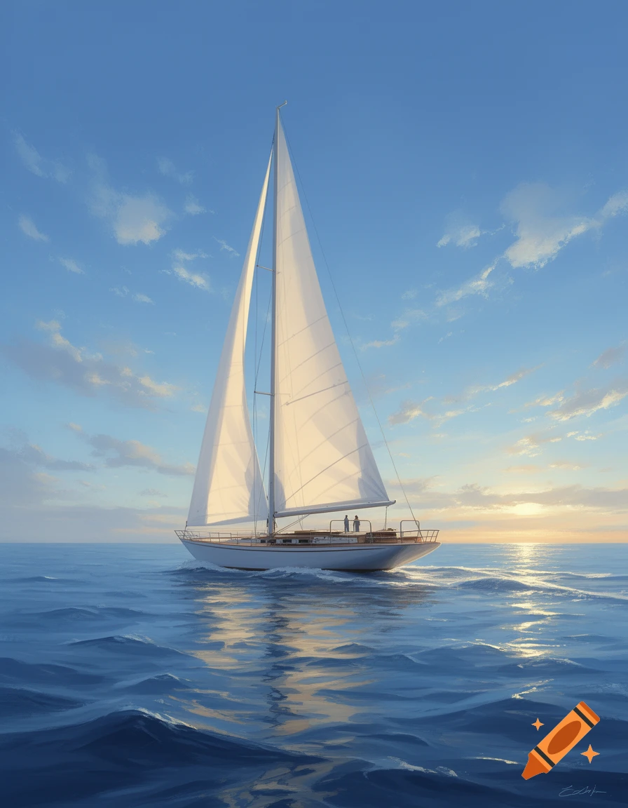 A serene painting of a white sailboat on a calm blue ocean, with soft clouds in a bright sky and the sun setting on the horizon.