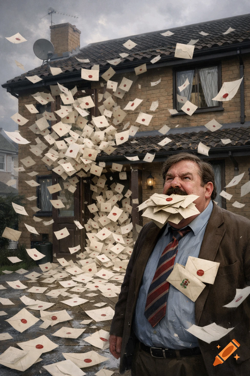 A photorealistic image of a distraught Uncle Vernon, with his mouth full of letters, standing in front of the Dursley's house as hundreds of letters pour from every window and door.