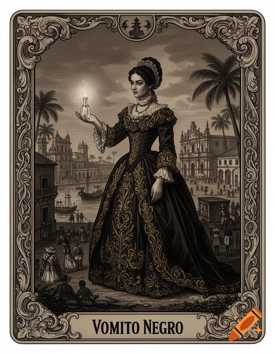 An allegorical historical illustration of a woman in an ornate dress holding a glowing bottle, set in a colonial city with "VOMITO NEGRO" text.