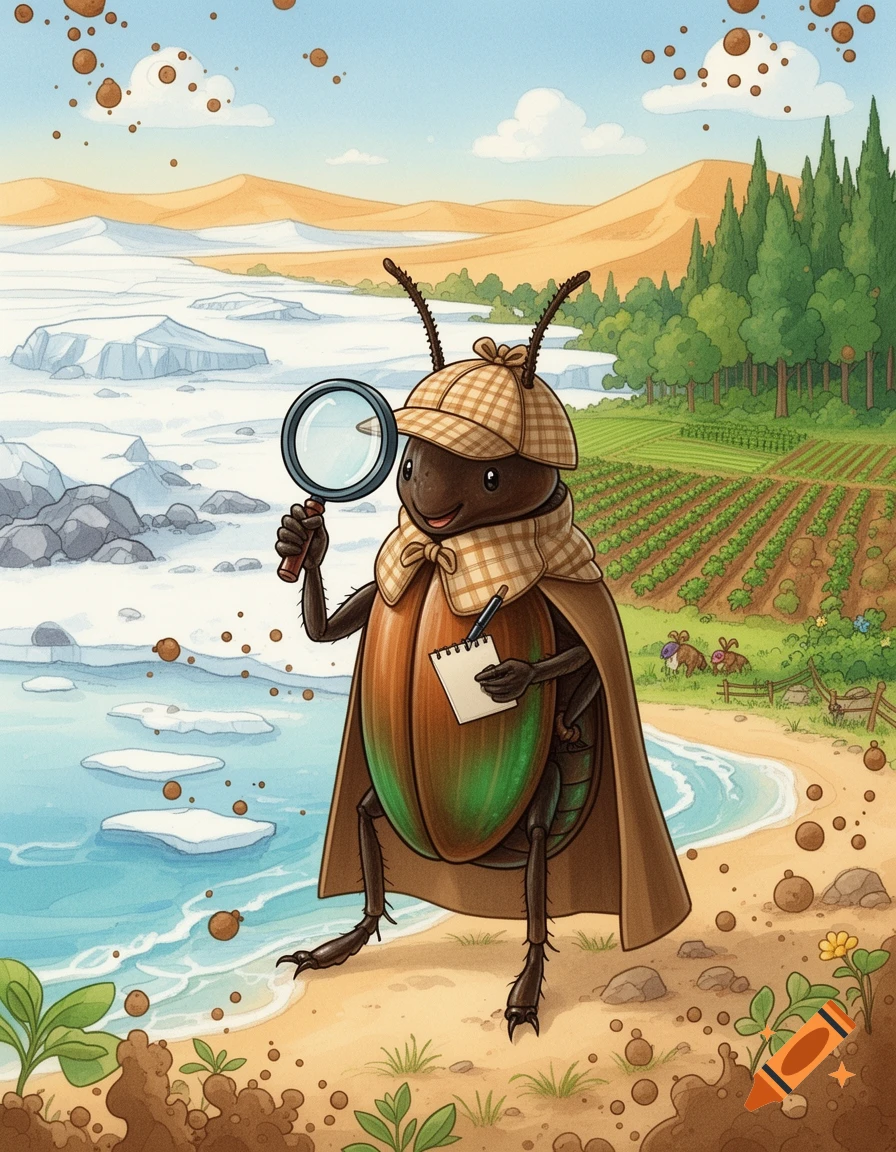 A friendly cartoon dung beetle detective, wearing a Sherlock Holmes hat and cape, holds a magnifying glass and notepad while standing on a beach with a mixed landscape background.