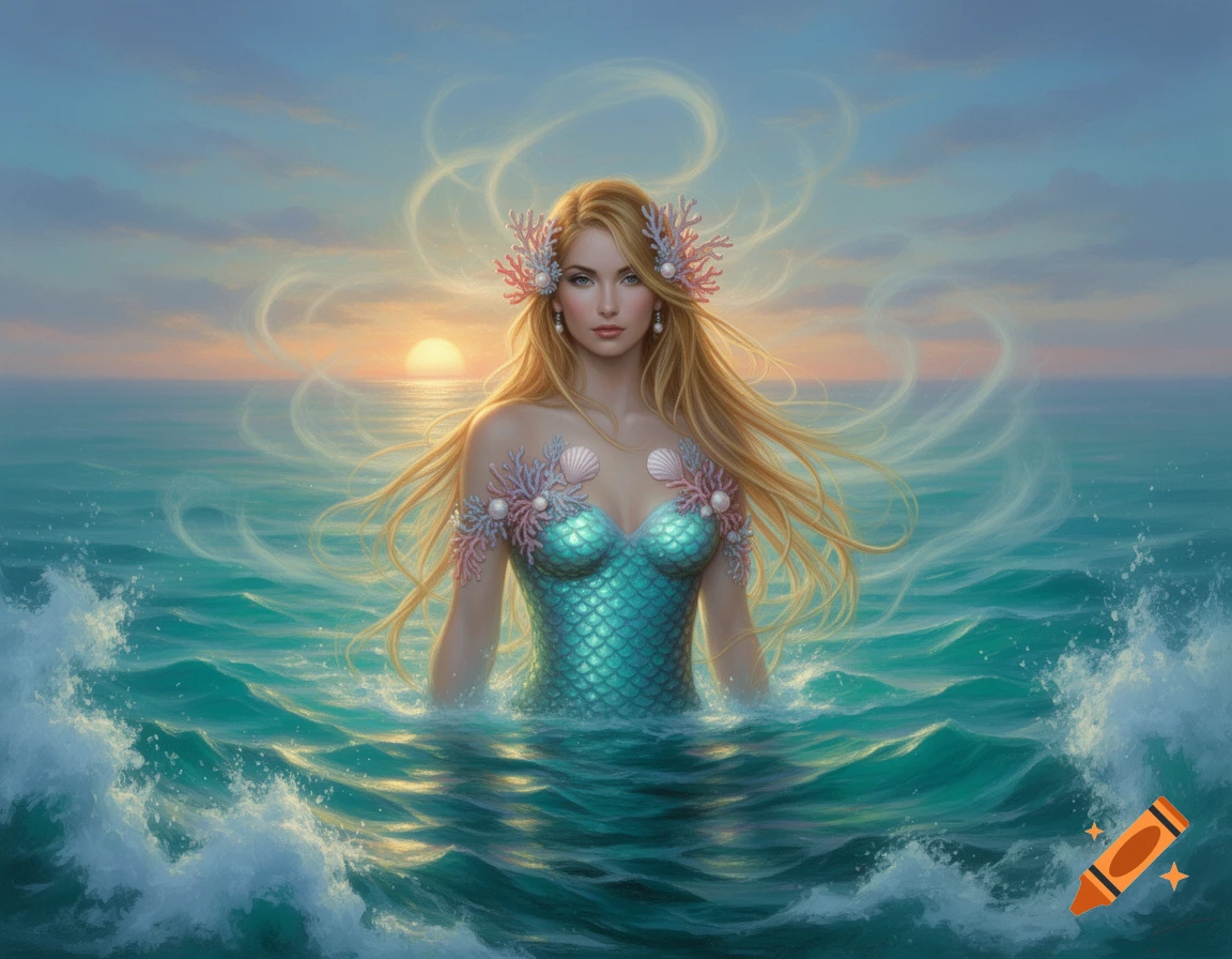 A stunning blonde mermaid with coral and shell details emerges from the sparkling ocean at sunset in a fantasy painting.