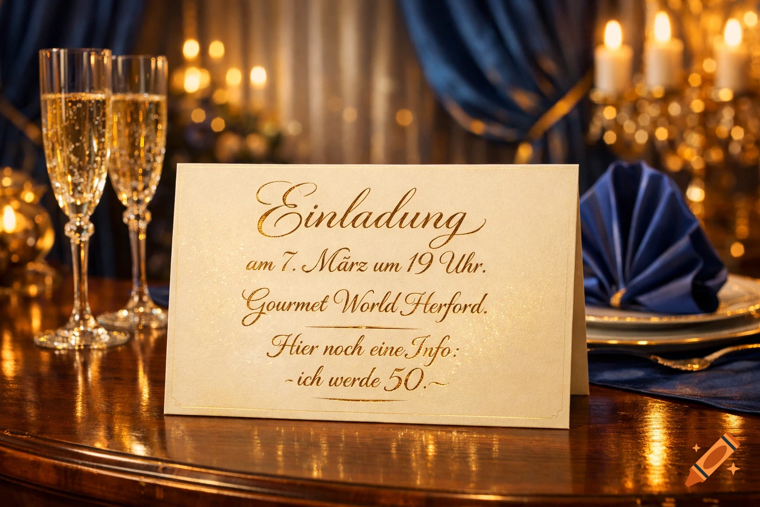 An elegant invitation card on a polished wooden table, surrounded by two champagne flutes, blurred candlelight, and a blue napkin.