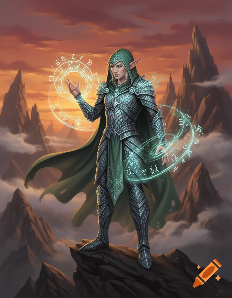 A male elf mage in green scale armor and a hood stands on a mountain peak, casting glowing runic spells at sunset.