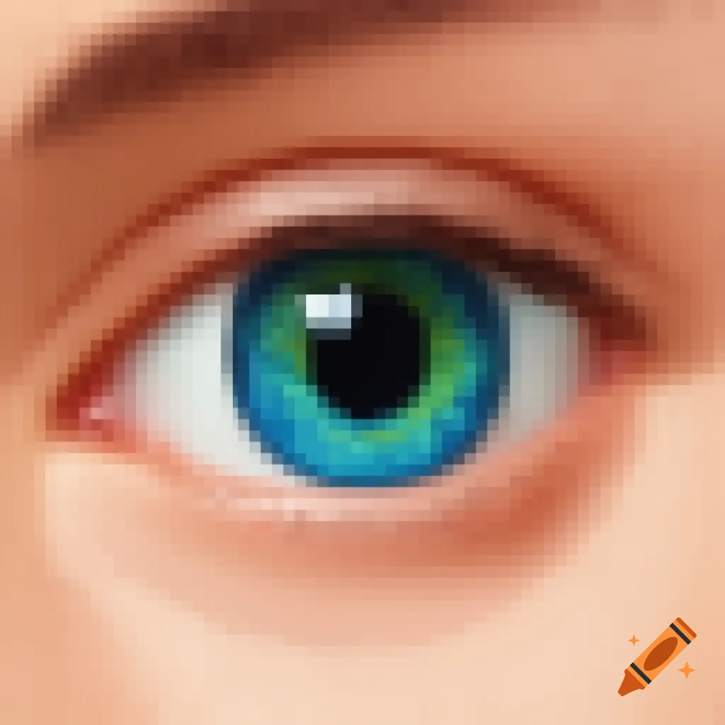 Close-up of a human eye with a blue and green iris, rendered in 16-bit pixel art style.