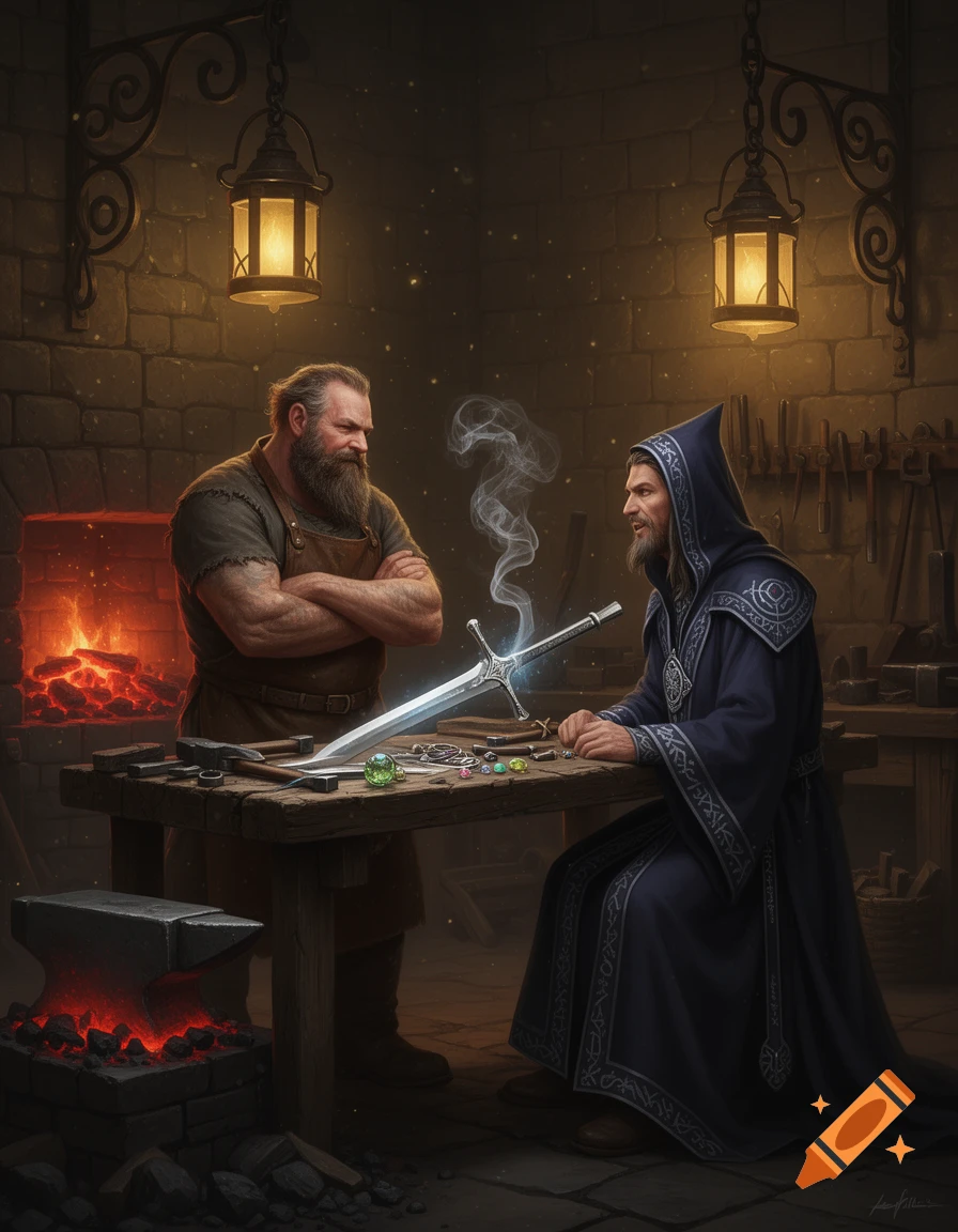 A burly blacksmith and a robed wizard examine a glowing sword and colorful gems on a wooden table in a dimly lit forge.
