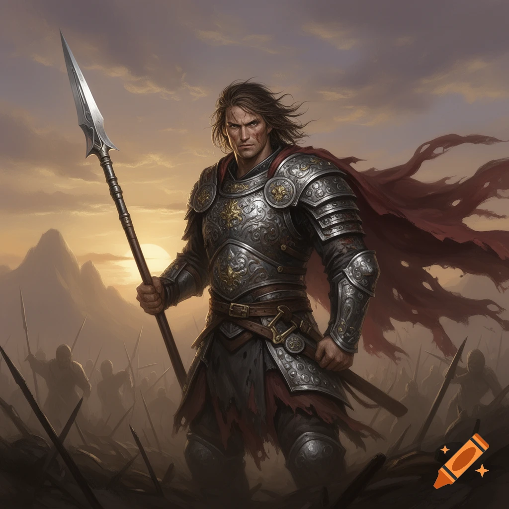 A powerful male warrior in ornate silver and gold armor, with a red ...
