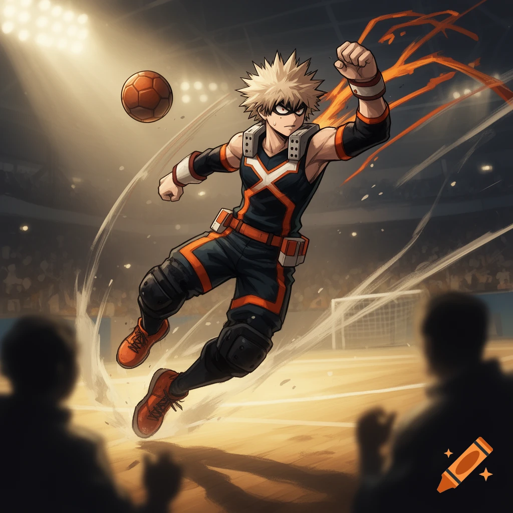 Anime character Bakugo jumps to hit a soccer ball in a brightly lit stadium.