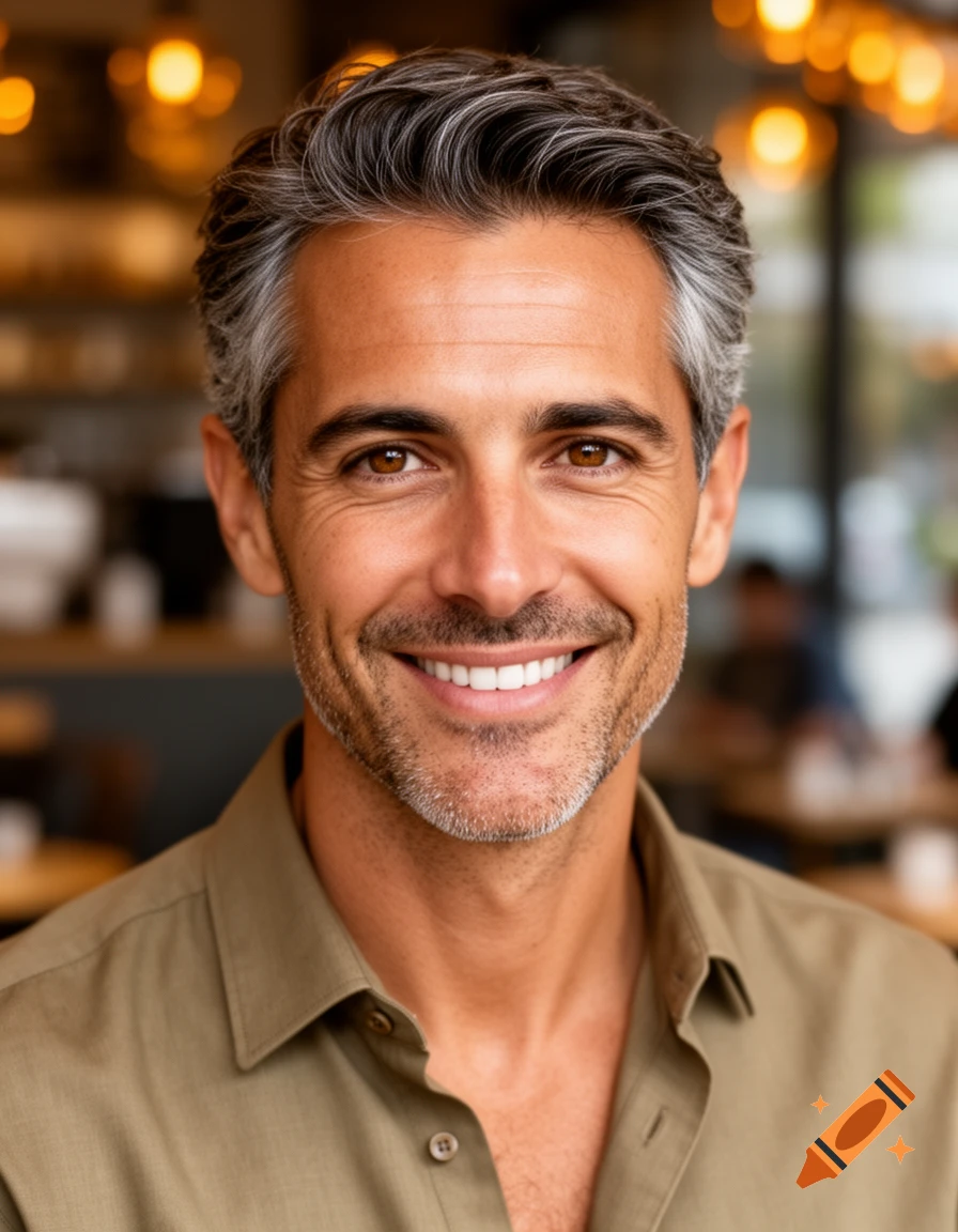 Photorealistic portrait of a smiling man with brown eyes and salt-and-pepper hair in a khaki shirt.